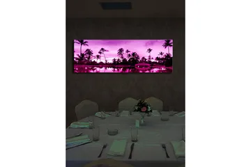 Canvastavla med LED-belysning 30x90 cm - Drömlik strandscen med palmer i skymningens ljus - Lila / Svart - Inredning - Tavlor & konst - Canvastavlor