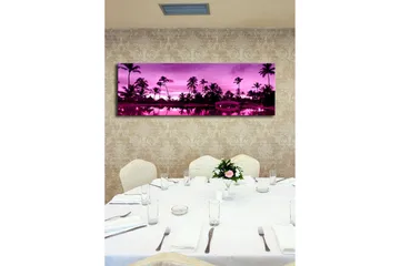 Canvastavla med LED-belysning 30x90 cm - Drömlik strandscen med palmer i skymningens ljus - Lila / Svart - Inredning - Tavlor & konst - Canvastavlor