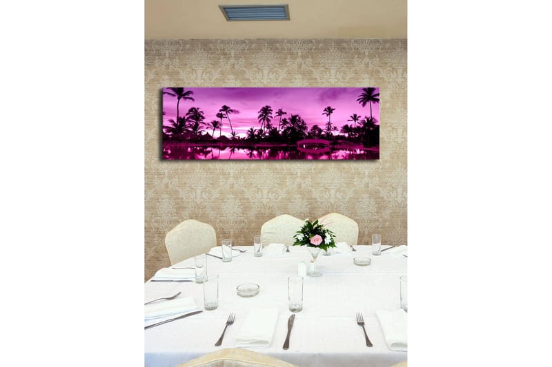 Canvastavla med LED-belysning 30x90 cm - Drömlik strandscen med palmer i skymningens ljus - Lila / Svart - Inredning - Tavlor & konst - Canvastavlor