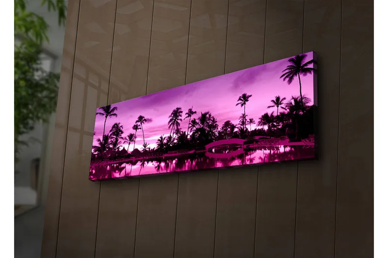 Canvastavla med LED-belysning 30x90 cm - Drömlik strandscen med palmer i skymningens ljus, Lila / Svart