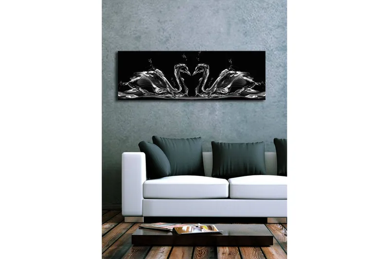 Canvastavla med LED-belysning 30x90 cm - Eleganta svanar i vattenrörelse - Svart / Vitt / Grått - Inredning - Tavlor & konst - Canvastavlor