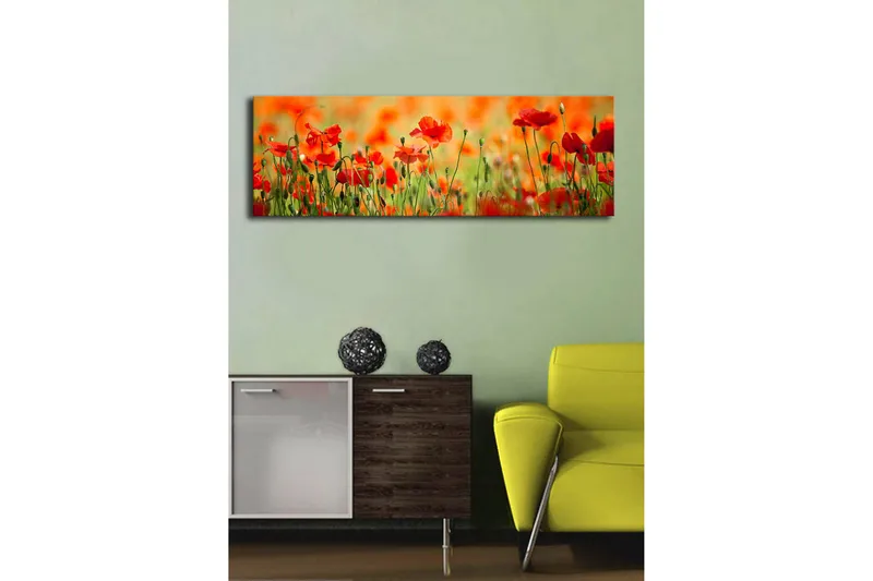 Canvastavla med LED-belysning 30x90 cm - Fält av röda vallmo-blommor i en grönskande omgivning - Röd / Grön / Orange - Inredning - Tavlor & konst - Canvastavlor