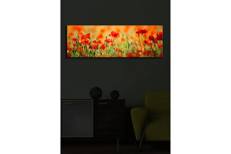 Canvastavla med LED-belysning 30x90 cm - Fält av röda vallmo-blommor i en grönskande omgivning - Röd / Grön / Orange - Inredning - Tavlor & konst - Canvastavlor