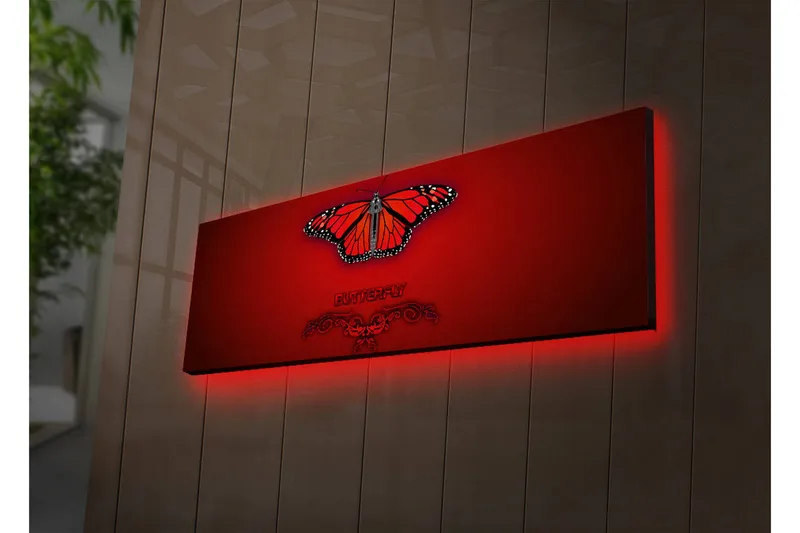Canvastavla med LED-belysning 30x90 cm - Färgglad fjäril med detaljerade vingar, Röd / Svart / Orange