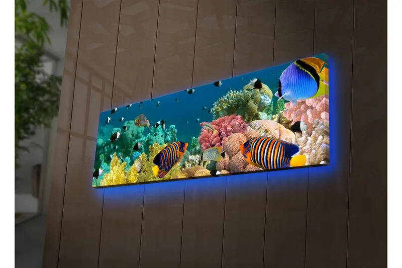 Canvastavla med LED-belysning 30x90 cm - Färgglad undervattensscen med tropiska fiskar och koraller - Blå / Gul / Rosa - Inredning - Tavlor & konst - Canvastavlor