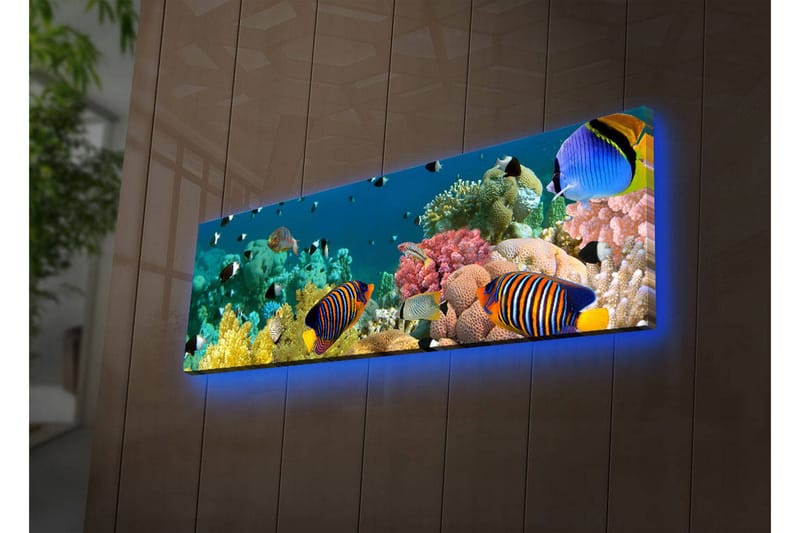 Canvastavla med LED-belysning 30x90 cm - Färgglad undervattensscen med tropiska fiskar och koraller - Blå / Gul / Rosa - Inredning - Tavlor & konst - Canvastavlor
