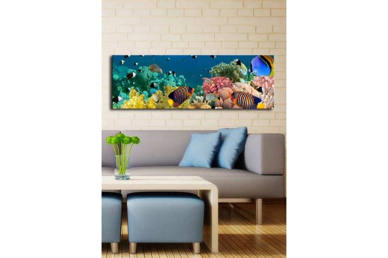 Canvastavla med LED-belysning 30x90 cm - Färgglad undervattensscen med tropiska fiskar och koraller - Blå / Gul / Rosa - Inredning - Tavlor & konst - Canvastavlor
