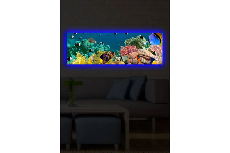 Canvastavla med LED-belysning 30x90 cm - Färgglad undervattensscen med tropiska fiskar och koraller - Blå / Gul / Rosa - Inredning - Tavlor & konst - Canvastavlor