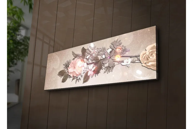 Canvastavla med LED-belysning 30x90 cm - Färgrik blomsterarrangemang med rosor och blad - Ljusrosa / Grön / Beige - Inredning - Tavlor & konst - Canvastavlor