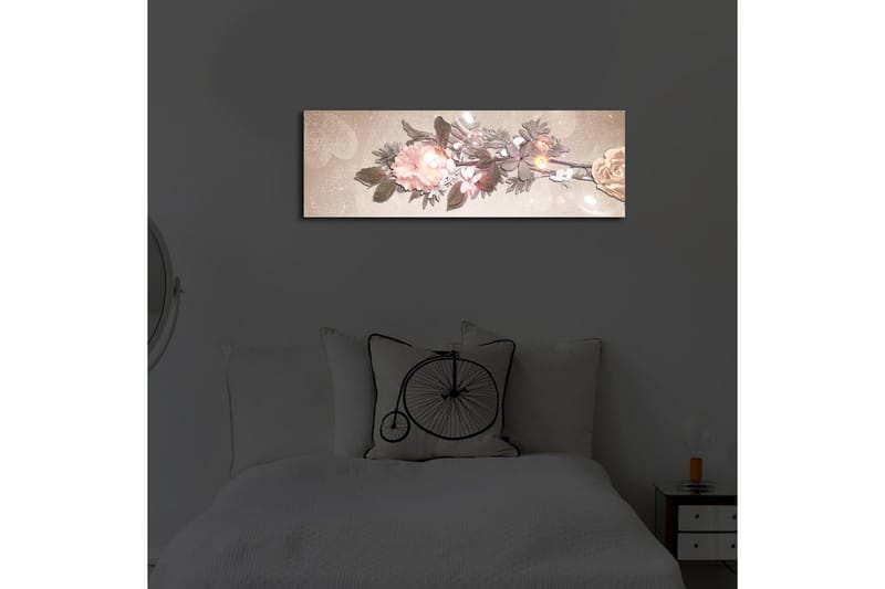 Canvastavla med LED-belysning 30x90 cm - Färgrik blomsterarrangemang med rosor och blad - Ljusrosa / Grön / Beige - Inredning - Tavlor & konst - Canvastavlor