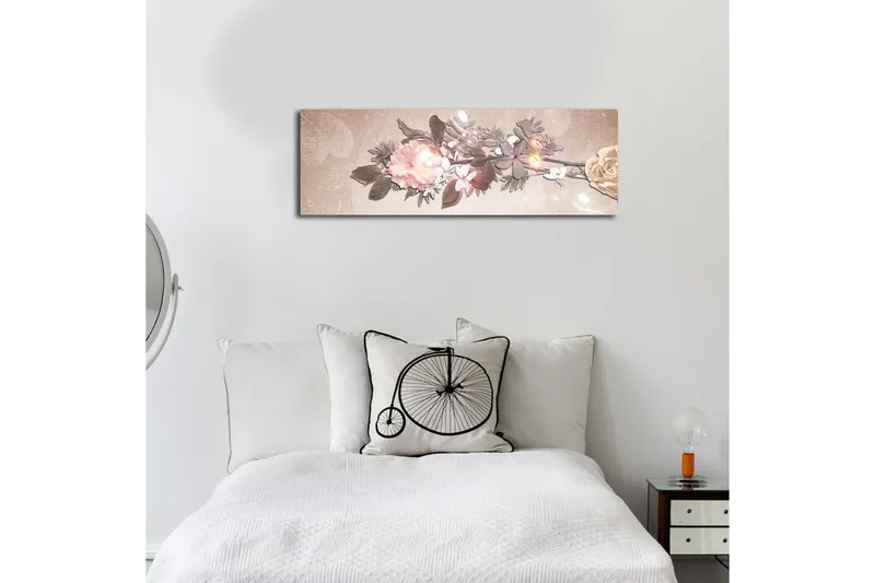Canvastavla med LED-belysning 30x90 cm - Färgrik blomsterarrangemang med rosor och blad - Ljusrosa / Grön / Beige - Inredning - Tavlor & konst - Canvastavlor
