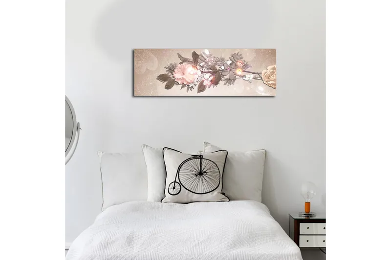 Canvastavla med LED-belysning 30x90 cm - Färgrik blomsterarrangemang med rosor och blad - Ljusrosa / Grön / Beige - Inredning - Tavlor & konst - Canvastavlor