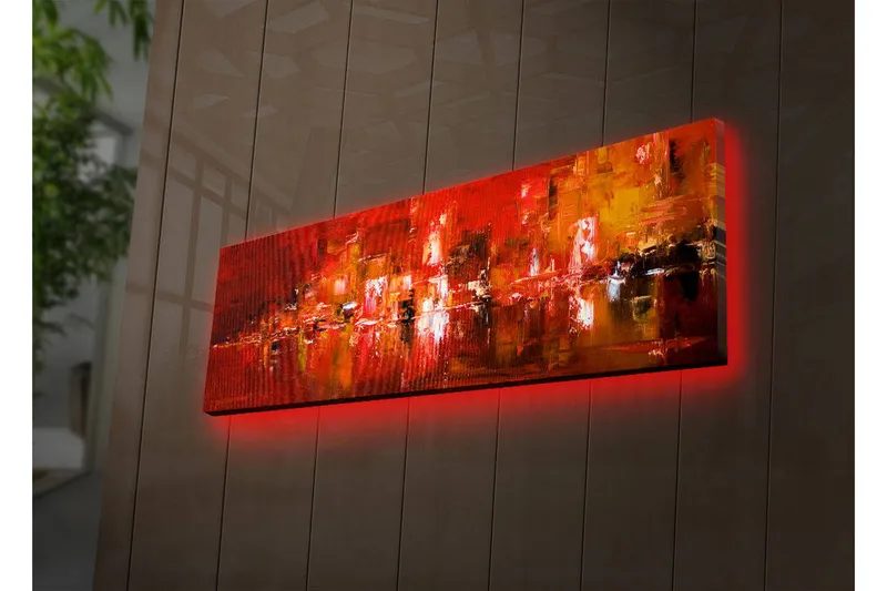 Canvastavla med LED-belysning 30x90 cm - Färgstark abstrakt komposition med inslag av röd och orange - Röd / Orange / Svart - Inredning - Tavlor & konst - Canvastavlor