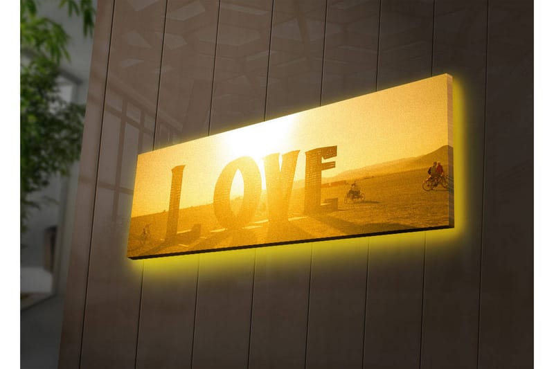 Canvastavla med LED-belysning 30x90 cm - Glänsande konstverk med ordet LOVE i guldtoner, Guld / Gul
