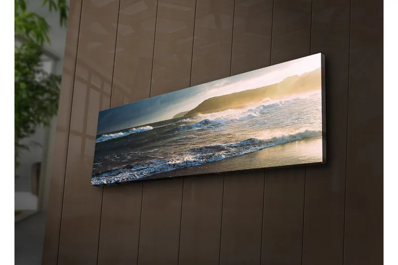 Canvastavla med LED-belysning 30x90 cm - Havslandskap med vågor och solnedgång - Blå / Beige / Mörkgrön - Inredning - Tavlor & konst - Canvastavlor