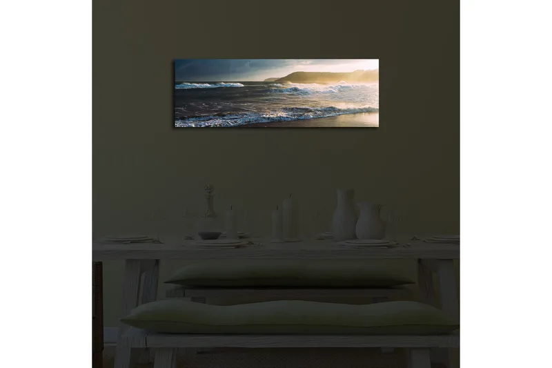 Canvastavla med LED-belysning 30x90 cm - Havslandskap med vågor och solnedgång - Blå / Beige / Mörkgrön - Inredning - Tavlor & konst - Canvastavlor