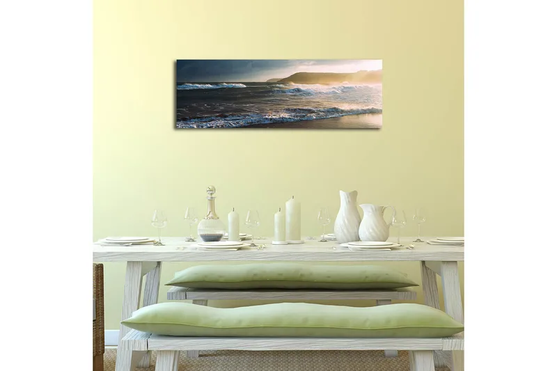 Canvastavla med LED-belysning 30x90 cm - Havslandskap med vågor och solnedgång - Blå / Beige / Mörkgrön - Inredning - Tavlor & konst - Canvastavlor