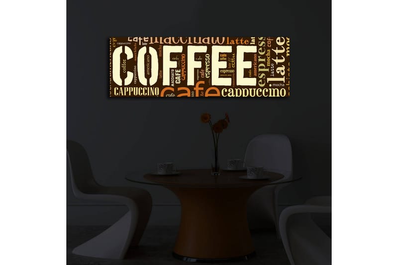 Canvastavla med LED-belysning 30x90 cm - Kaffeinspirerat konstverk med olika kaffetermer i typografi - Mörkbrun / Ljusbrun / Beige - Inredning - Tavlor & konst - Canvastavlor