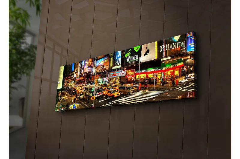 Canvastavla med LED-belysning 30x90 cm - Livlig stadsbild av Times Square med neonskyltar och trafik - Gul / Grön / Röd - Inredning - Tavlor & konst - Canvastavlor