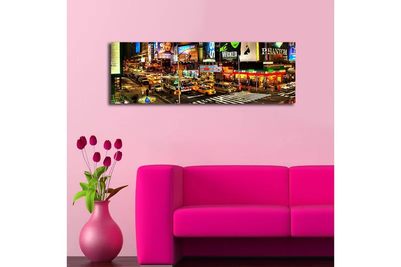 Canvastavla med LED-belysning 30x90 cm - Livlig stadsbild av Times Square med neonskyltar och trafik - Gul / Grön / Röd - Inredning - Tavlor & konst - Canvastavlor