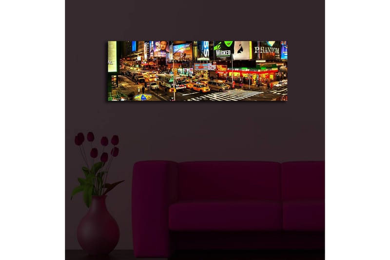 Canvastavla med LED-belysning 30x90 cm - Livlig stadsbild av Times Square med neonskyltar och trafik - Gul / Grön / Röd - Inredning - Tavlor & konst - Canvastavlor