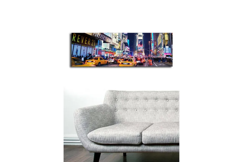 Canvastavla med LED-belysning 30x90 cm - Livlig stadsbild med gula taxibilar i en nattlig miljö - Gul / Blå / Svart - Inredning - Tavlor & konst - Canvastavlor