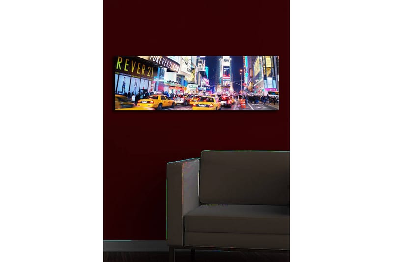 Canvastavla med LED-belysning 30x90 cm - Livlig stadsbild med gula taxibilar i en nattlig miljö - Gul / Blå / Svart - Inredning - Tavlor & konst - Canvastavlor