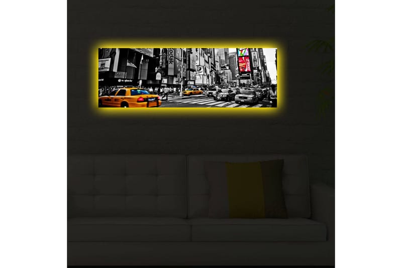 Canvastavla med LED-belysning 30x90 cm - Livlig stadsbild med gula taxibilar i en urban miljö - Gul / Svart / Grå - Inredning - Tavlor & konst - Canvastavlor