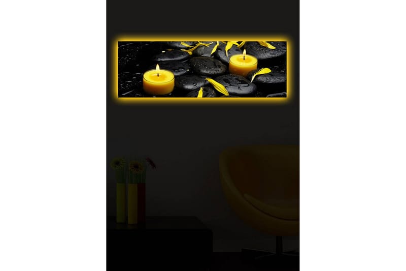 Canvastavla med LED-belysning 30x90 cm - Lugnande komposition med svarta stenar och brinnande ljus - Svart / Gul / Grå - Inredning - Tavlor & konst - Canvastavlor