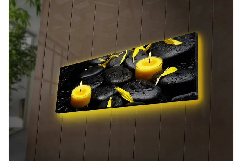 Canvastavla med LED-belysning 30x90 cm - Lugnande komposition med svarta stenar och brinnande ljus, Svart / Gul / Grå