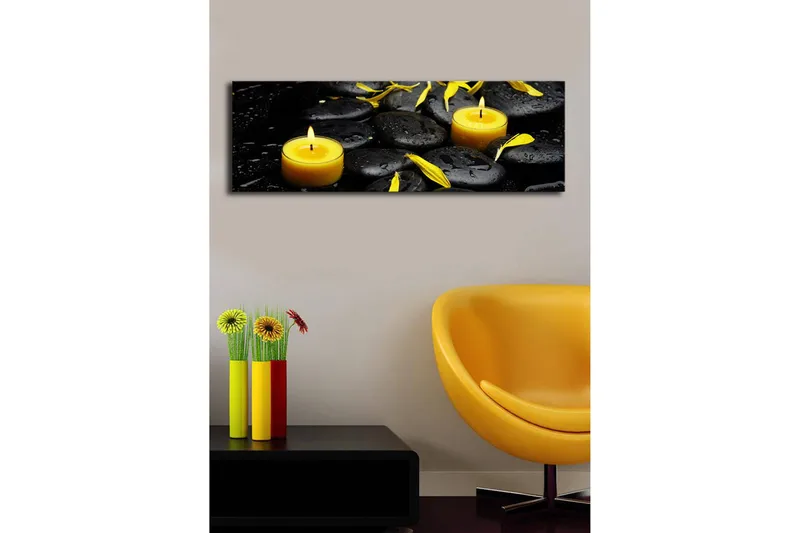 Canvastavla med LED-belysning 30x90 cm - Lugnande komposition med svarta stenar och brinnande ljus - Svart / Gul / Grå - Inredning - Tavlor & konst - Canvastavlor