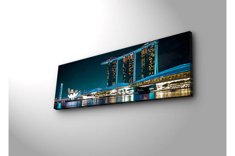 Canvastavla med LED-belysning 30x90 cm - Modern stadslandskap med futuristiska byggnader vid vattenytan - Mörkblå / Ljusblå / Vit - Inredning - Tavlor & konst - Canvastavlor
