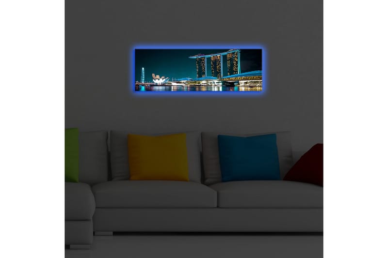 Canvastavla med LED-belysning 30x90 cm - Modern stadslandskap med futuristiska byggnader vid vattenytan - Mörkblå / Ljusblå / Vit - Inredning - Tavlor & konst - Canvastavlor