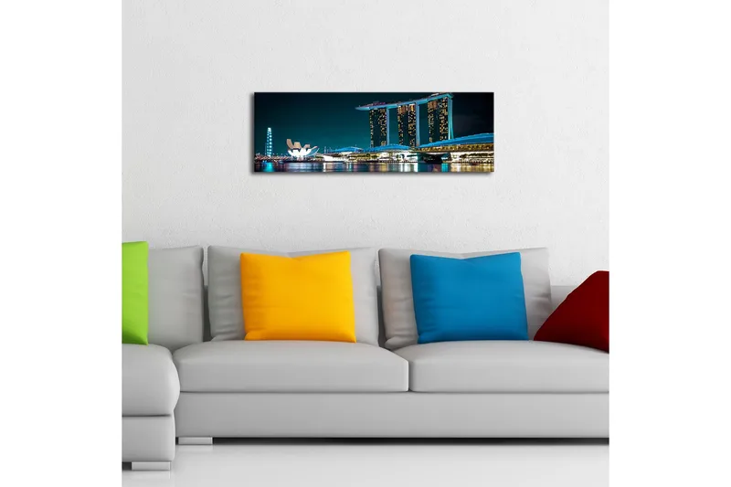 Canvastavla med LED-belysning 30x90 cm - Modern stadslandskap med futuristiska byggnader vid vattenytan - Mörkblå / Ljusblå / Vit - Inredning - Tavlor & konst - Canvastavlor