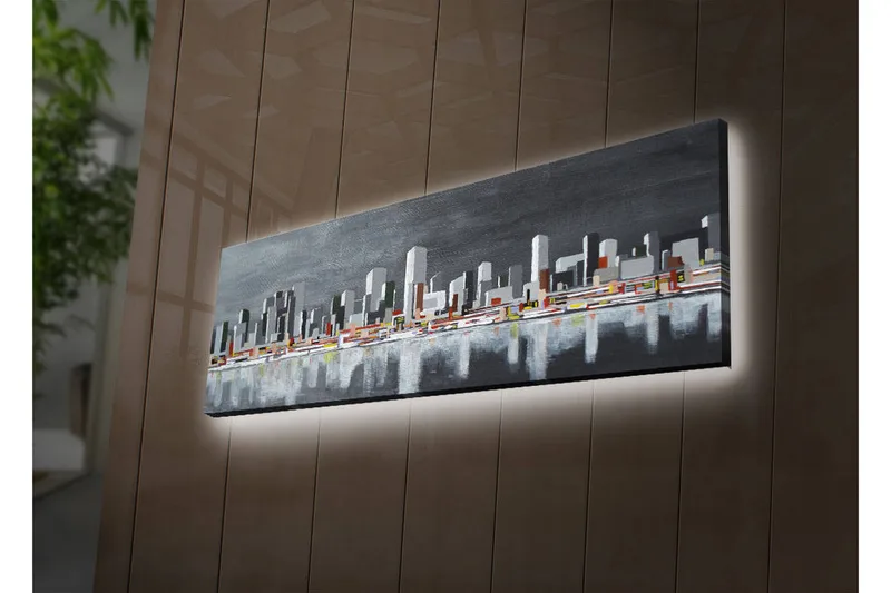 Canvastavla med LED-belysning 30x90 cm - Modern stadslandskap med silhuetter av byggnader - Grå / Vit / Orange - Inredning - Tavlor & konst - Canvastavlor