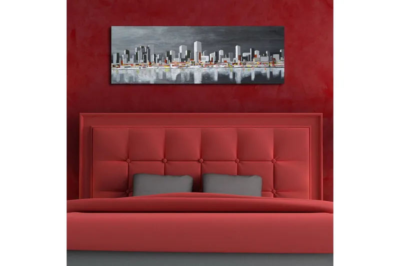 Canvastavla med LED-belysning 30x90 cm - Modern stadslandskap med silhuetter av byggnader - Grå / Vit / Orange - Inredning - Tavlor & konst - Canvastavlor