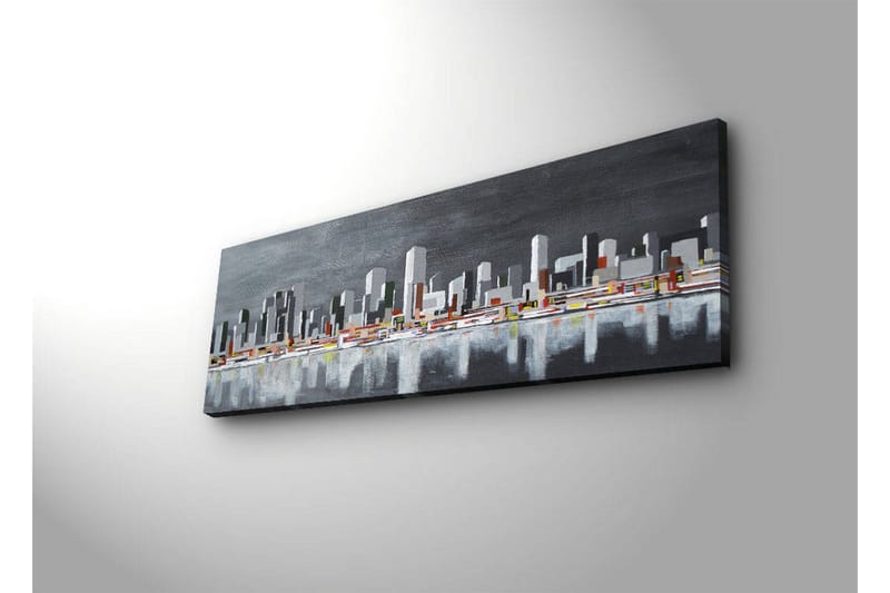 Canvastavla med LED-belysning 30x90 cm - Modern stadslandskap med silhuetter av byggnader - Grå / Vit / Orange - Inredning - Tavlor & konst - Canvastavlor