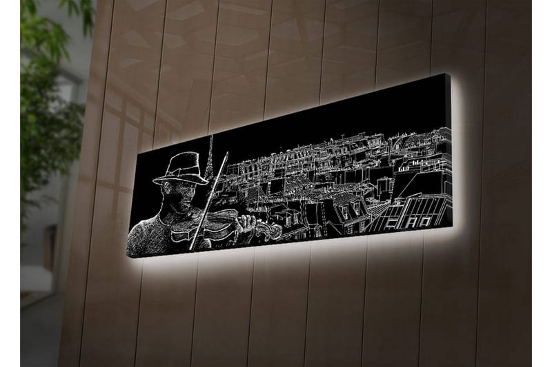 Canvastavla med LED-belysning 30x90 cm - Musiker som spelar fiol med en stadssilhuett i bakgrunden - Svart / Vit - Inredning - Tavlor & konst - Canvastavlor