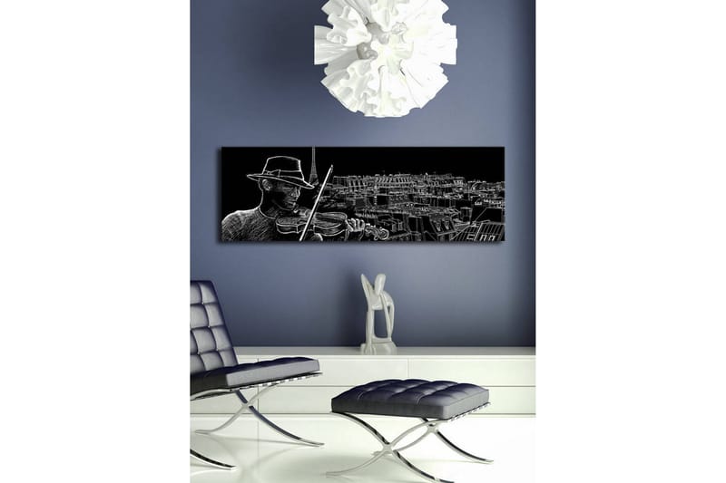 Canvastavla med LED-belysning 30x90 cm - Musiker som spelar fiol med en stadssilhuett i bakgrunden - Svart / Vit - Inredning - Tavlor & konst - Canvastavlor