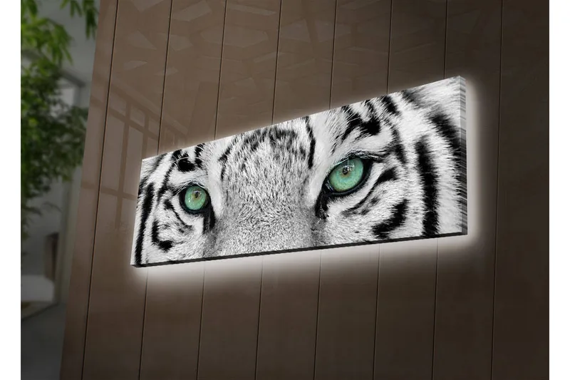 Canvastavla med LED-belysning 30x90 cm - Närbild av en vit tigers ögon med intensiva detaljer - Vit / Svart / Grön - Inredning - Tavlor & konst - Canvastavlor