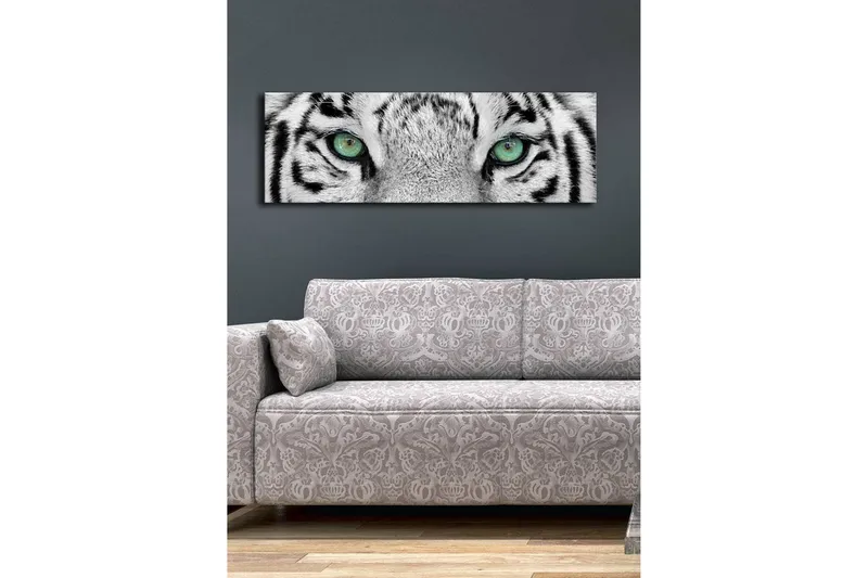Canvastavla med LED-belysning 30x90 cm - Närbild av en vit tigers ögon med intensiva detaljer - Vit / Svart / Grön - Inredning - Tavlor & konst - Canvastavlor
