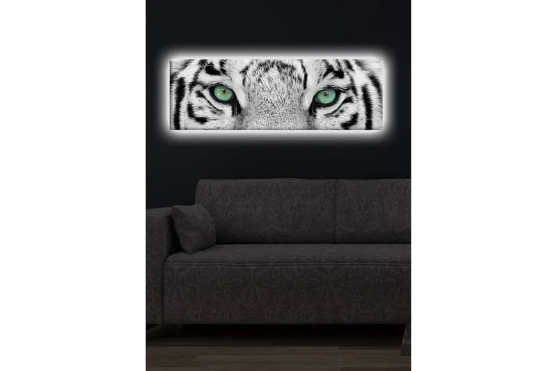 Canvastavla med LED-belysning 30x90 cm - Närbild av en vit tigers ögon med intensiva detaljer - Vit / Svart / Grön - Inredning - Tavlor & konst - Canvastavlor