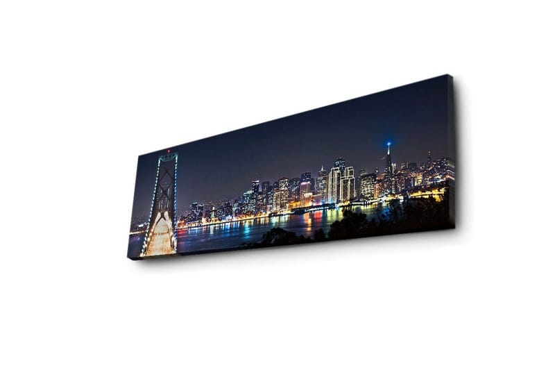 Canvastavla med LED-belysning 30x90 cm - Nattlig stadsbild med en bro och silhuetter av skyskrapor - Mörkblå / Ljusgrön / Vit - Inredning - Tavlor & konst - Canvastavlor