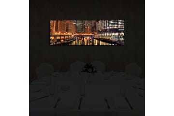 Canvastavla med LED-belysning 30x90 cm - Nattlig stadsbild med reflektioner i vattnet - Guld / Blå / Svart - Inredning - Tavlor & konst - Canvastavlor