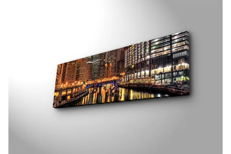 Canvastavla med LED-belysning 30x90 cm - Nattlig stadsbild med reflektioner i vattnet - Guld / Blå / Svart - Inredning - Tavlor & konst - Canvastavlor