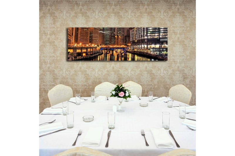 Canvastavla med LED-belysning 30x90 cm - Nattlig stadsbild med reflektioner i vattnet - Guld / Blå / Svart - Inredning - Tavlor & konst - Canvastavlor