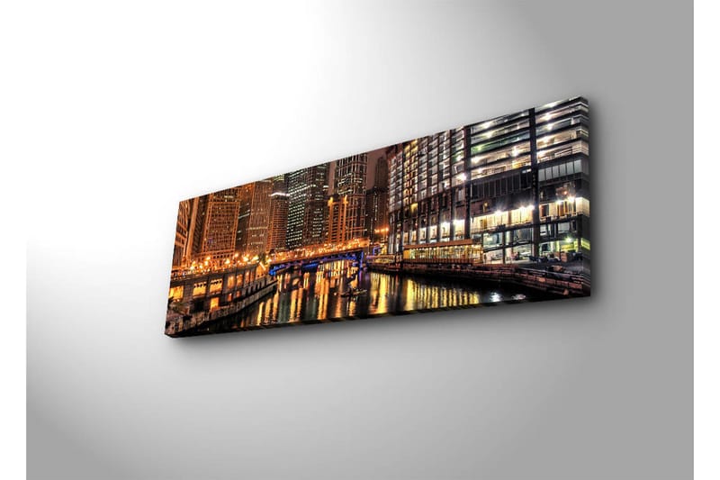 Canvastavla med LED-belysning 30x90 cm - Nattlig stadsbild med reflektioner i vattnet - Guld / Blå / Svart - Inredning - Tavlor & konst - Canvastavlor