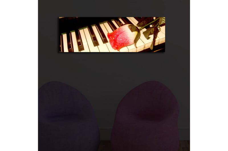 Canvastavla med LED-belysning 30x90 cm - Röd ros på ett piano med svarta och vita tangenter - Röd / Svart / Vit - Inredning - Tavlor & konst - Canvastavlor