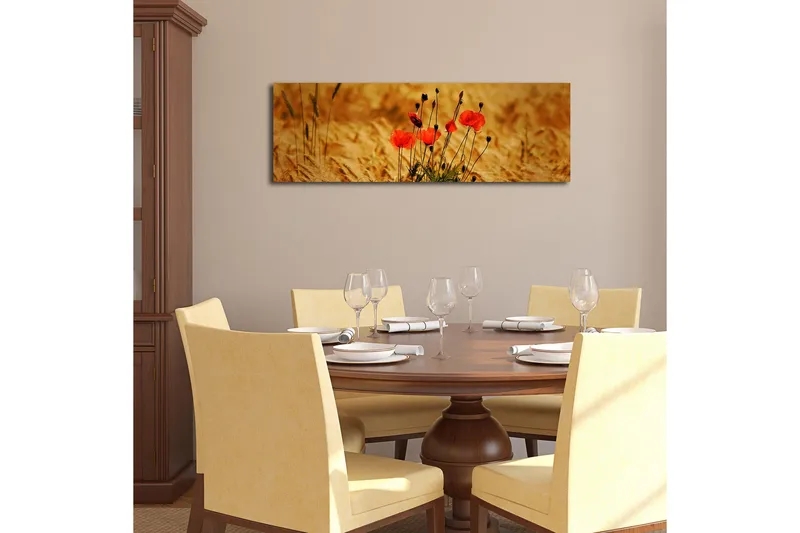 Canvastavla med LED-belysning 30x90 cm - Röd vallmo i gyllene fält - Röd / Guldbrun - Inredning - Tavlor & konst - Canvastavlor