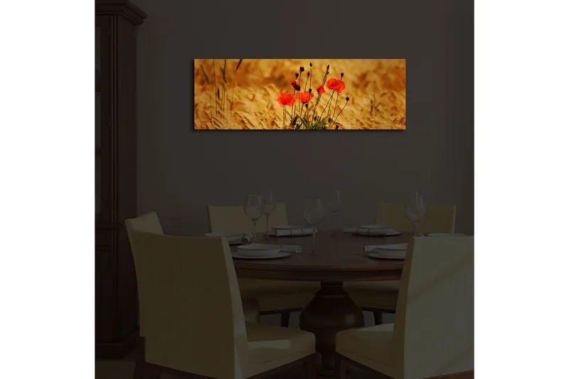 Canvastavla med LED-belysning 30x90 cm - Röd vallmo i gyllene fält - Röd / Guldbrun - Inredning - Tavlor & konst - Canvastavlor